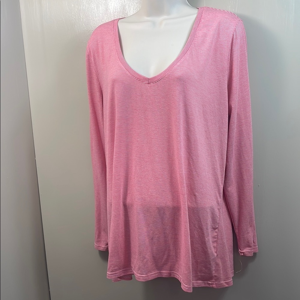 Poof! Pink Striped V-Neck Long Sleeve Top Womens Size 2X Casual Stretch